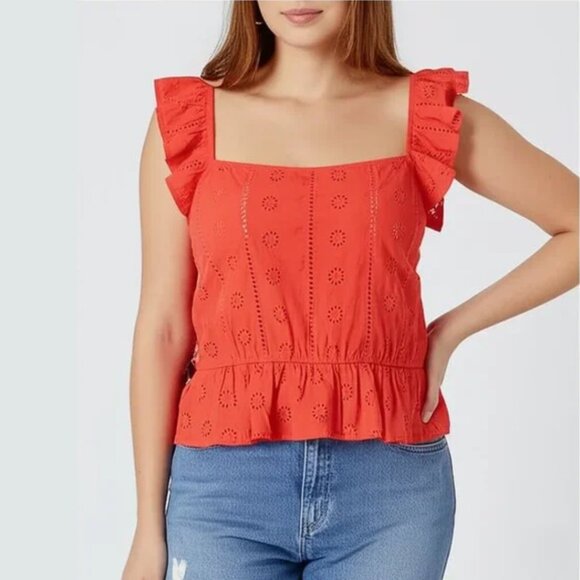 NWT BP Eyelet Ruffle Peplum Crop Tank Top 1XL Orange Red Cotton Summer Chic - Picture 1 of 8